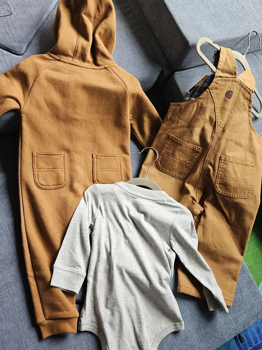 Carhartt 12 Month Boys Hooded Sweatshirt Onesie, Bib Overall & Gray Bodysuit Set